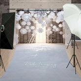 Aperturee - Aperturee Winter Wonderland with Hanging Snowflakes Sweep Backdrop White Christmas Rustic Holiday Photo Studio Floor Drop